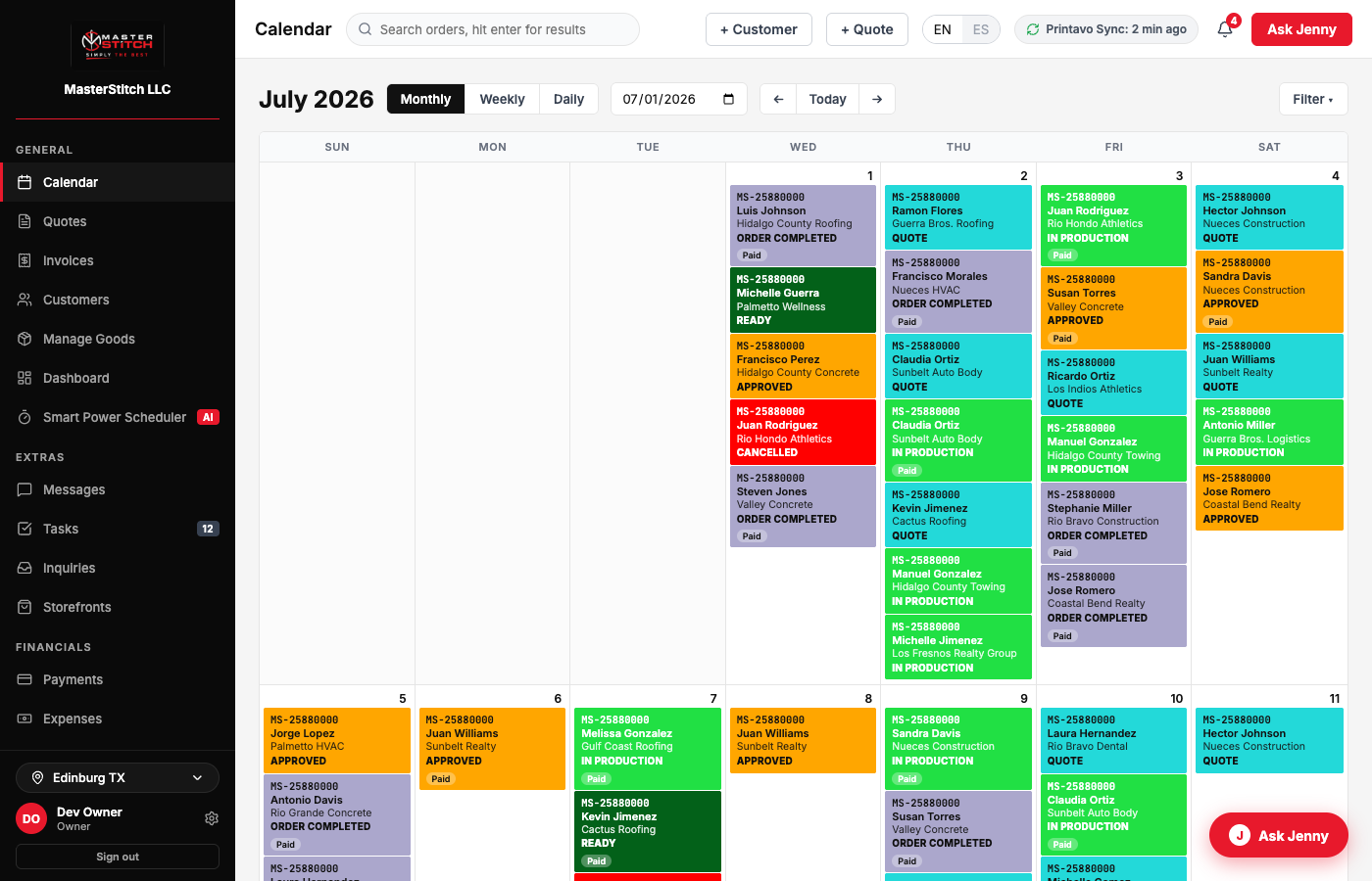 Production calendar with drag-and-drop scheduling