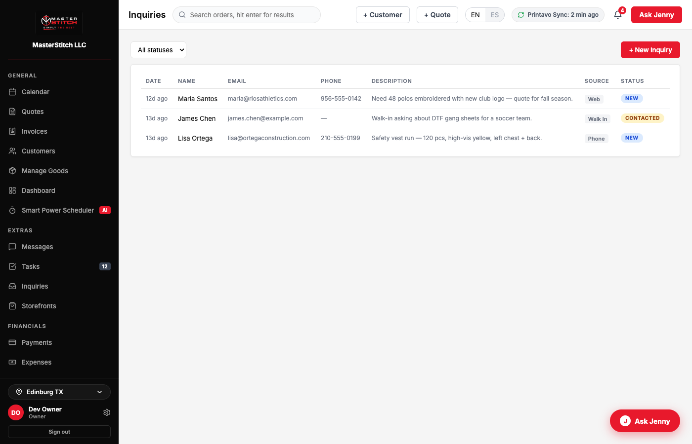Customer portal showing order status and invoices