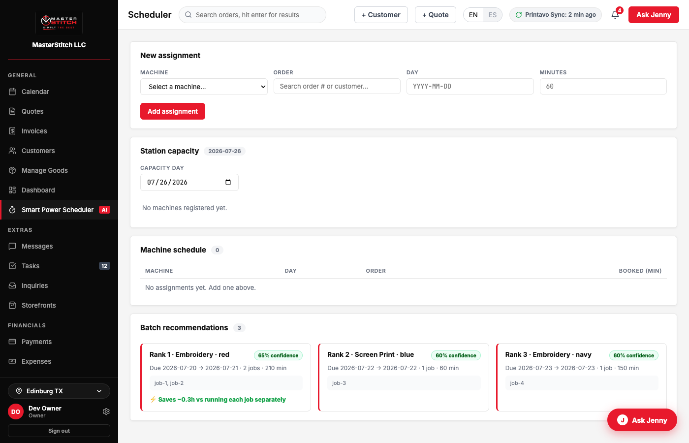 Production board showing jobs by status