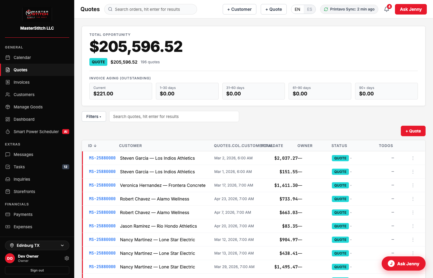 Quote screen with line items and pricing breakdown